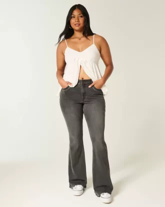 High-Rise Washed Black Embroidered Flare Jeans