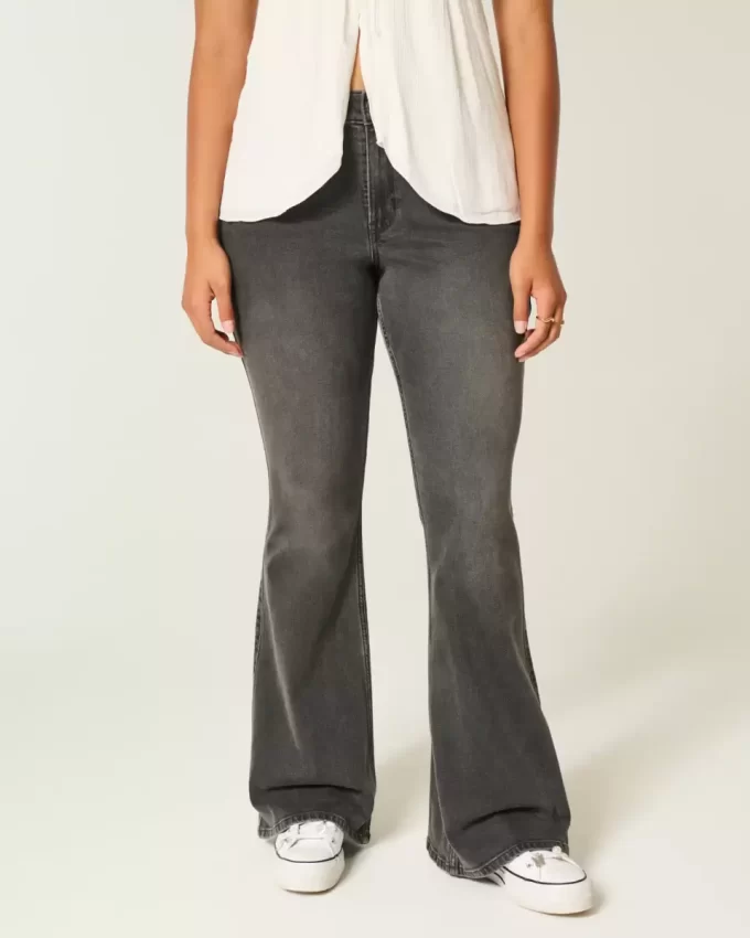High-Rise Washed Black Embroidered Flare Jeans