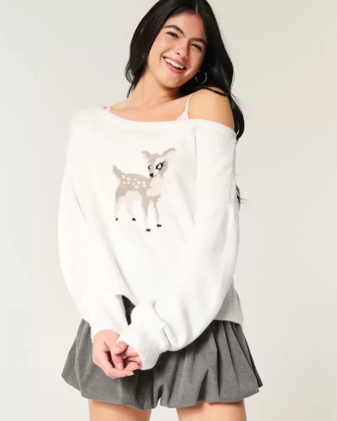 Hollister Comfy Cloud Easy Off-the-Shoulder Deer Graphic Sweater Hollister Comfy Cloud Easy Off-the-Shoulder Deer Graphic Sweater