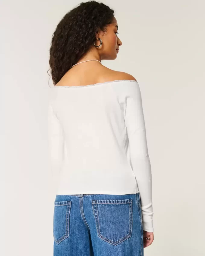 Lace Trim Off-the-Shoulder Montauk Graphic Tee Lace Trim Off-the-Shoulder Montauk Graphic Tee