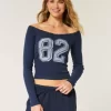 Lace Trim Off-the-Shoulder Number Graphic Tee