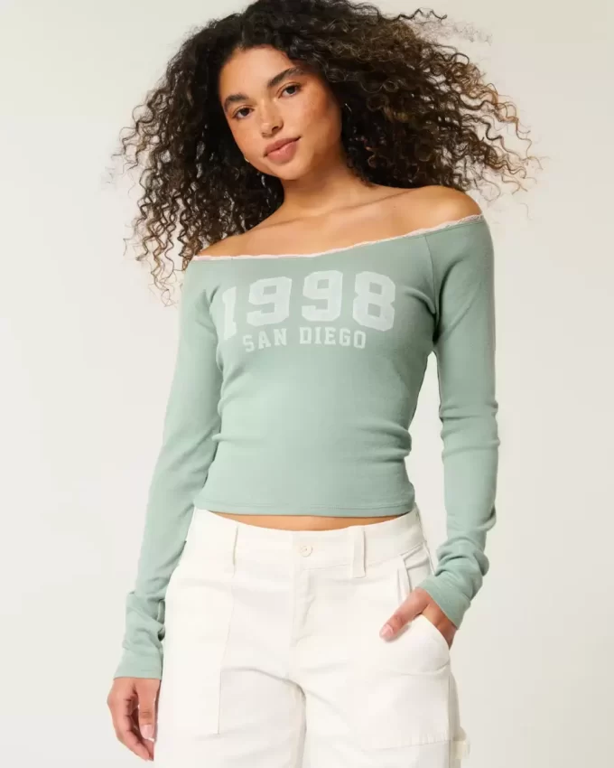 Lace Trim Off-the-Shoulder San Diego Graphic Tee Lace Trim Off-the-Shoulder San Diego Graphic Tee