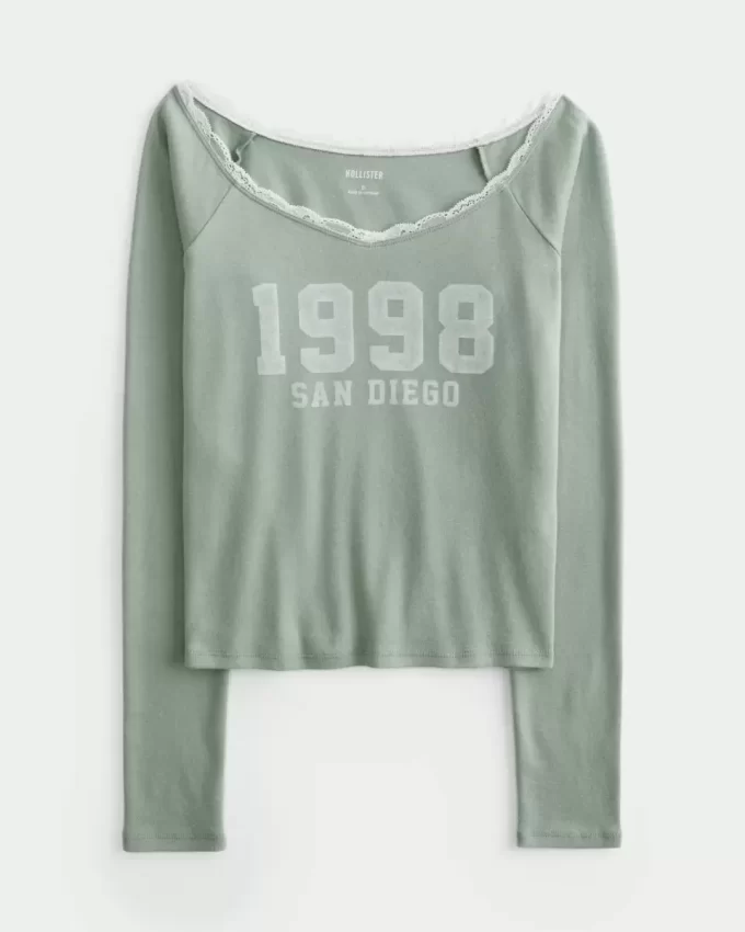 Lace Trim Off-the-Shoulder San Diego Graphic Tee Lace Trim Off-the-Shoulder San Diego Graphic Tee