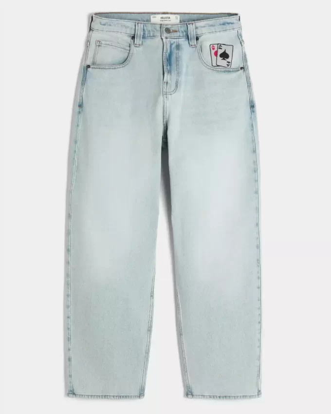 Light Wash Playing Card Graphic Skater Baggy Jeans