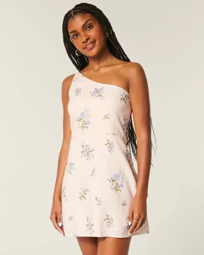 Linen-Blend Asymmetrical Mini Dress