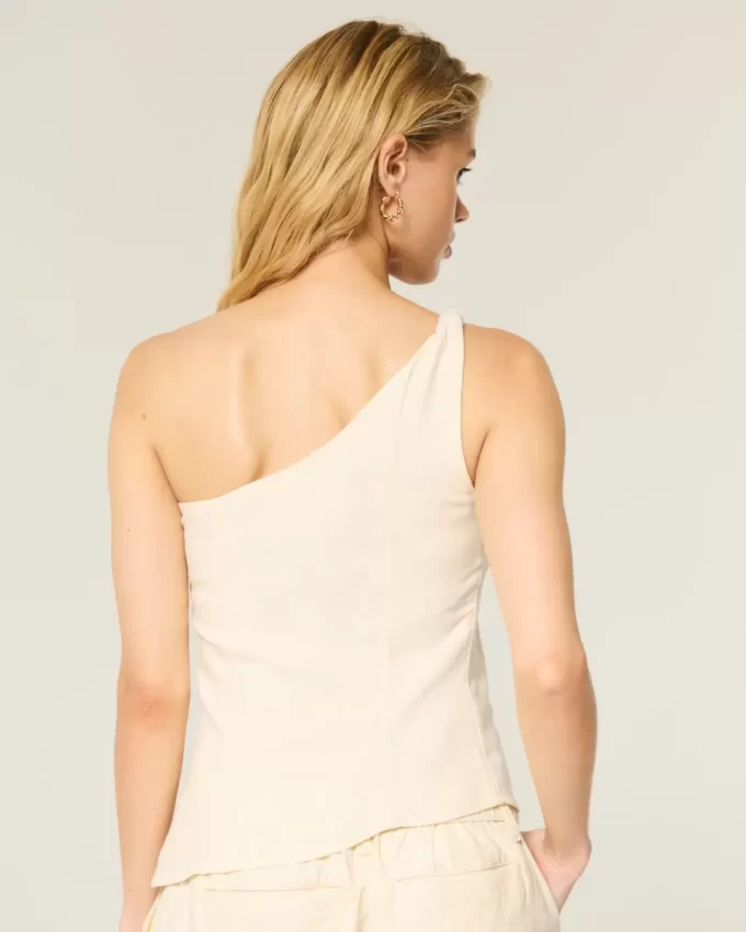 Linen-Blend One-Shoulder Top