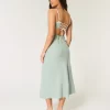 Linen-Blend Open-Back Slip Midi Dress