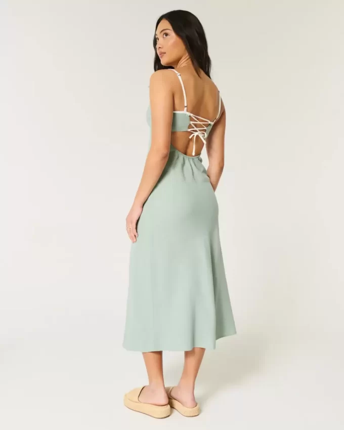 Linen-Blend Open-Back Slip Midi Dress
