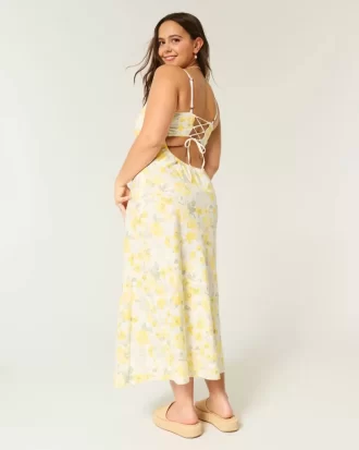 Linen-Blend Open Back Slip Midi Dress