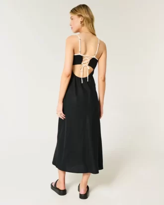Linen-Blend Open-Back Slip Midi Dress