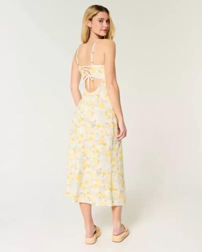 Linen-Blend Open Back Slip Midi Dress