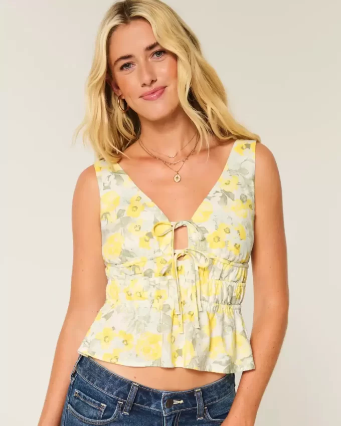 Linen-Blend Tie-Front Peplum Top Linen-Blend Tie-Front Peplum Top