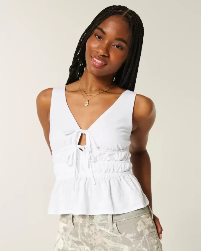 Linen-Blend Tie-Front Peplum Top Linen-Blend Tie-Front Peplum Top