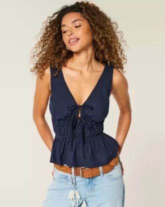 Linen-Blend Tie-Front Peplum Top