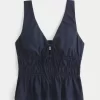 Linen-Blend Tie-Front Peplum Top