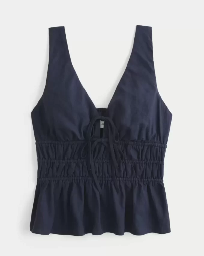 Linen-Blend Tie-Front Peplum Top