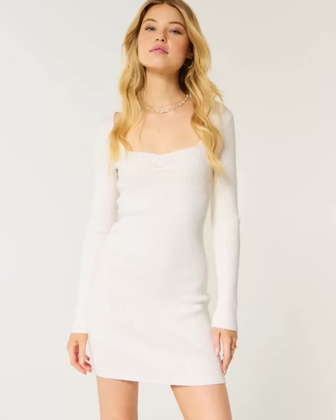 Long-Sleeve Cinch Bust Open-Back Sweater Dress