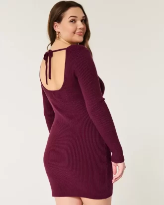 Long-Sleeve Cinch Bust Open-Back Sweater Dress