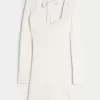 Long-Sleeve Cinch Bust Open-Back Sweater Dress