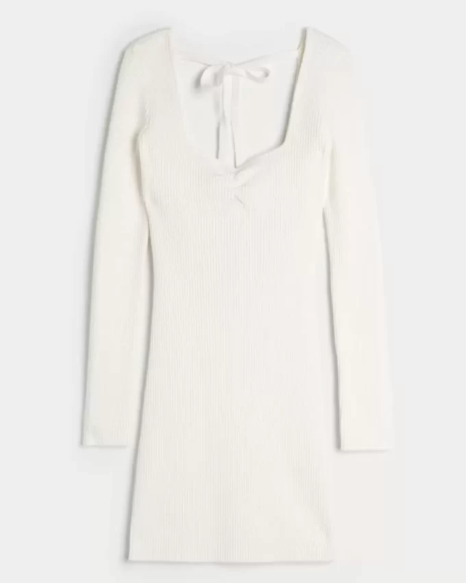 Long-Sleeve Cinch Bust Open-Back Sweater Dress