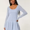 Long-Sleeve Crochet-Style Mini Skater Dress