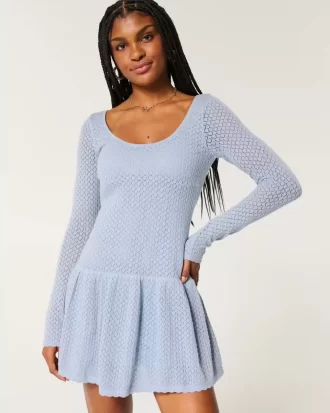 Long-Sleeve Crochet-Style Mini Skater Dress