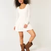 Long-Sleeve Crochet-Style Mini Skater Dress