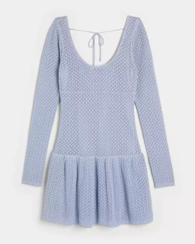 Long-Sleeve Crochet-Style Mini Skater Dress