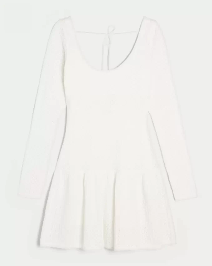 Long-Sleeve Crochet-Style Mini Skater Dress