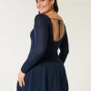 Long-Sleeve Drop-Waist Crochet-Style Mini Skater Dress