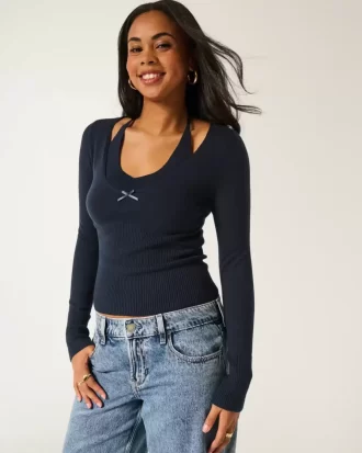 Long-Sleeve Halter Tie Sweater