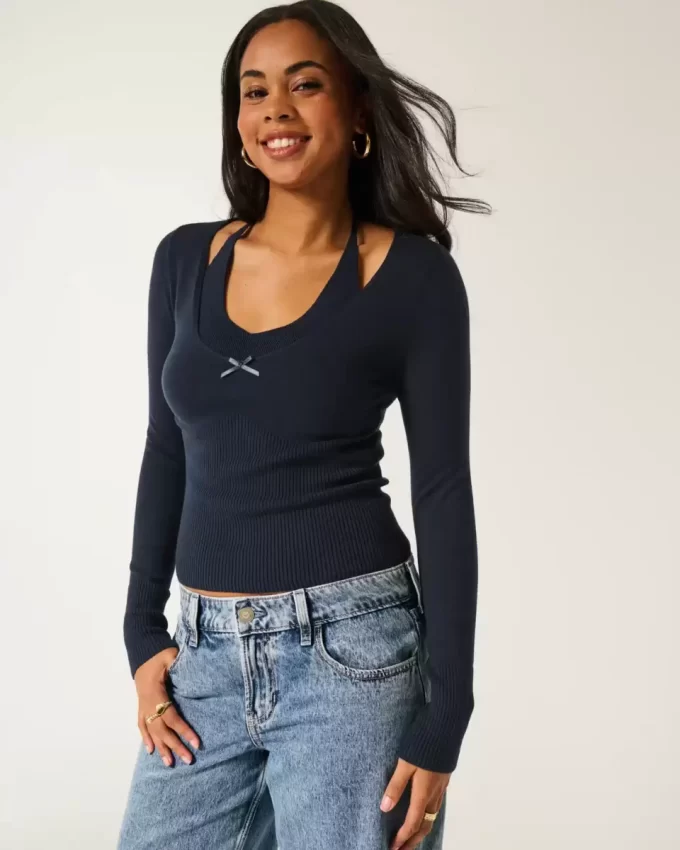 Long-Sleeve Halter Tie Sweater Long-Sleeve Halter Tie Sweater