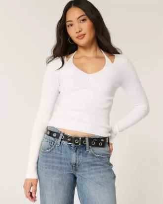 Long-Sleeve Halter Tie Sweater