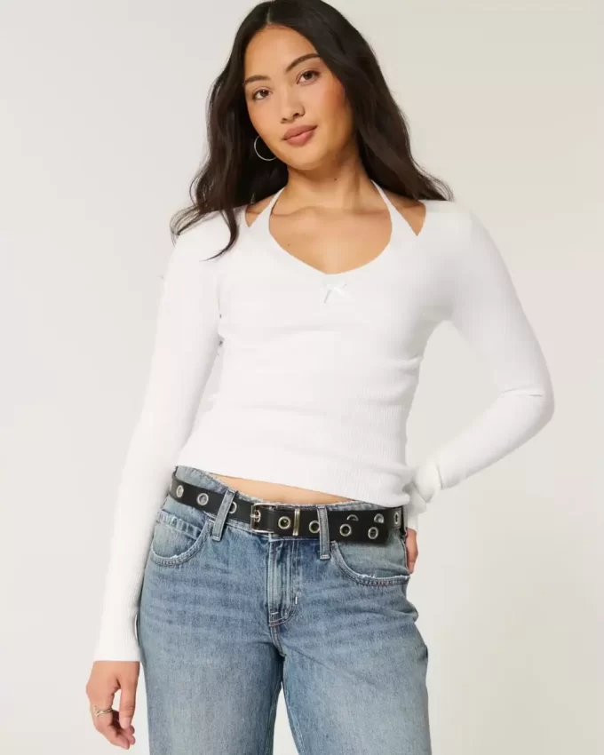 Long-Sleeve Halter Tie Sweater Long-Sleeve Halter Tie Sweater