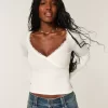 Long-Sleeve Lace Trim Wrap Top