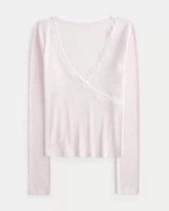Long-Sleeve Lace Trim Wrap Top