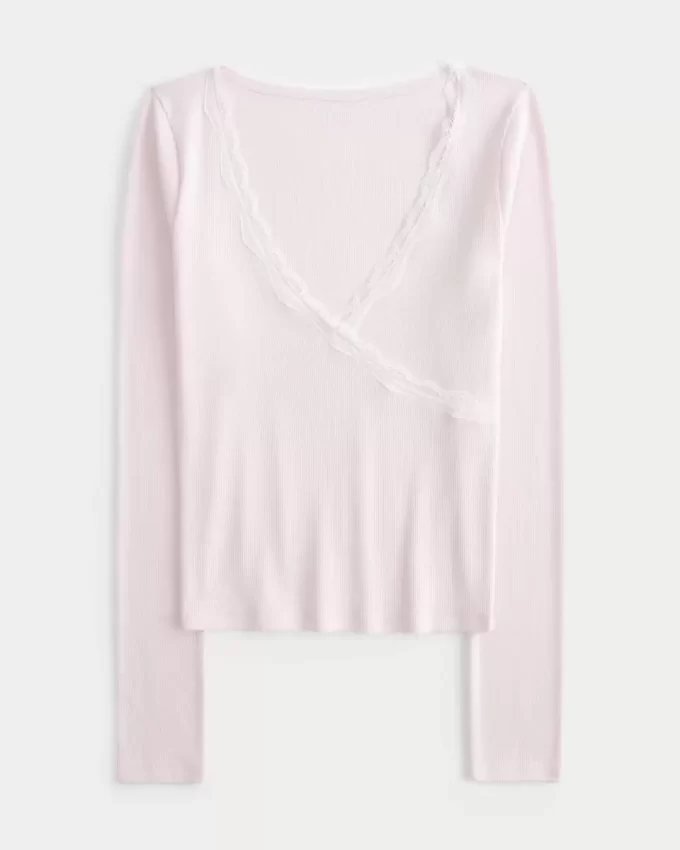 Long-Sleeve Lace Trim Wrap Top