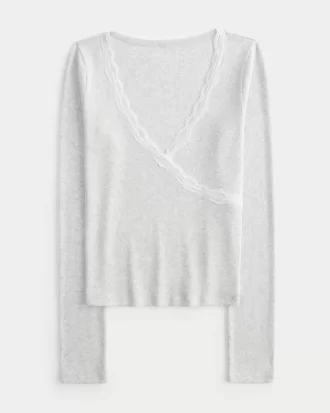 Long-Sleeve Lace Trim Wrap Top