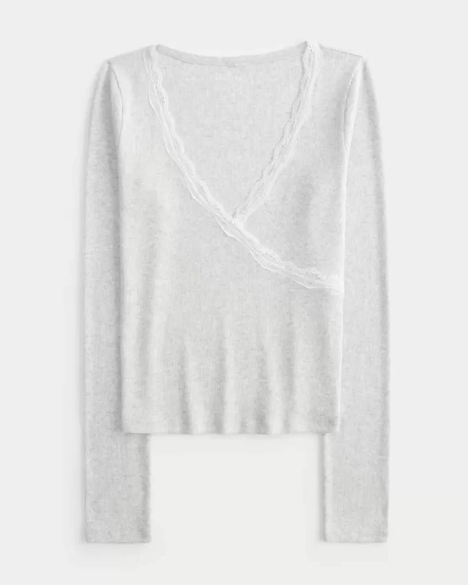 Long-Sleeve Lace Trim Wrap Top