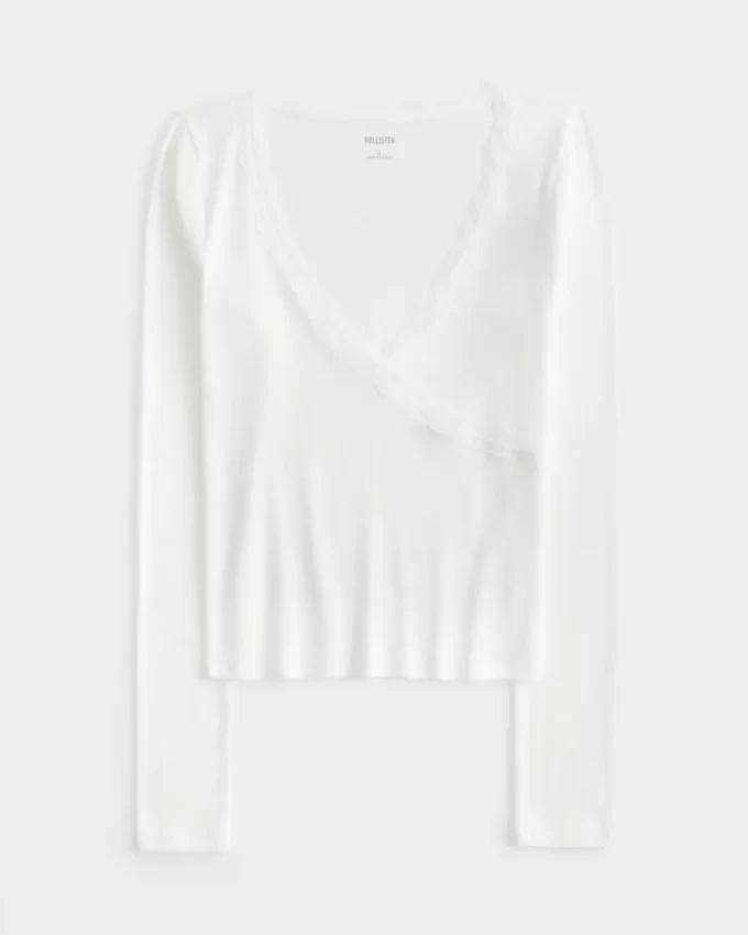 Long-Sleeve Lace Trim Wrap Top