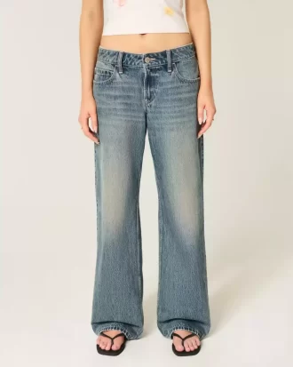 Low-Rise Adjustable Waist Medium Wash Baggy Jeans