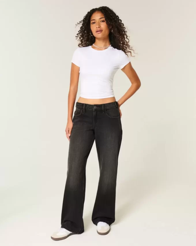 Low-Rise Adjustable Waist Washed Black Baggy Jeans