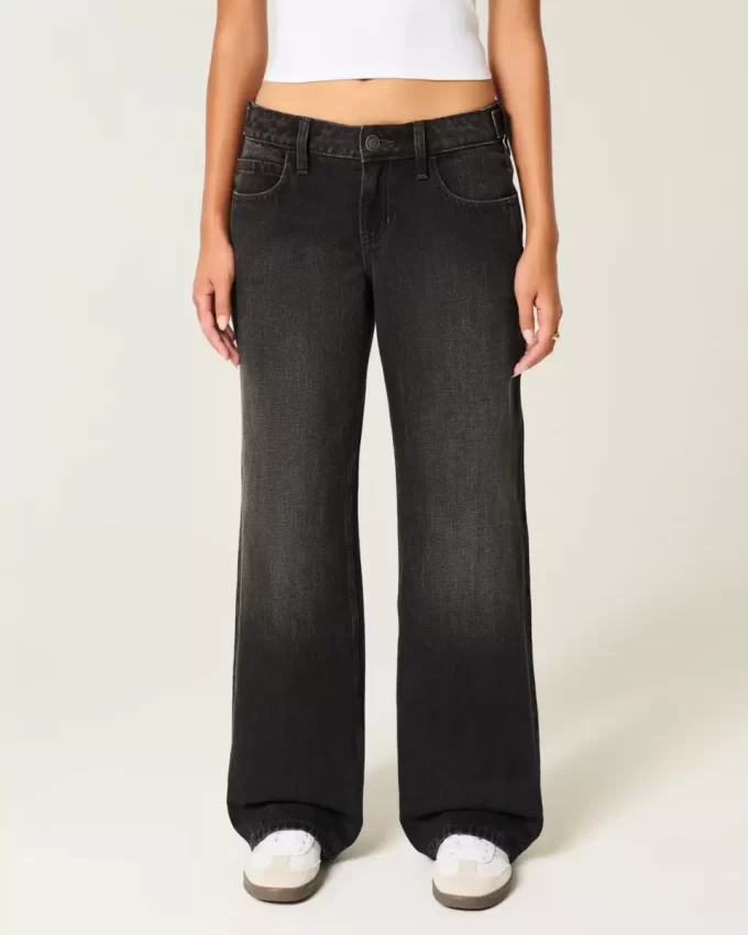 Low-Rise Adjustable Waist Washed Black Baggy Jeans