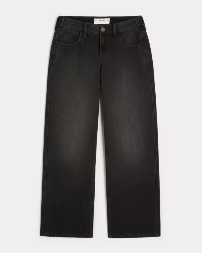 Low-Rise Adjustable Waist Washed Black Baggy Jeans