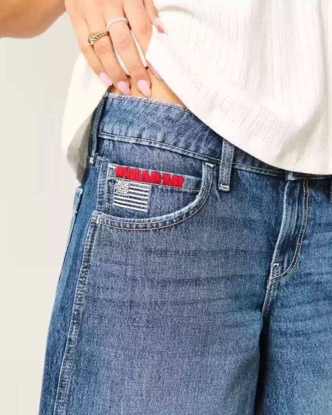 Low-Rise Dark Wash American Flag Graphic Baggy Jort