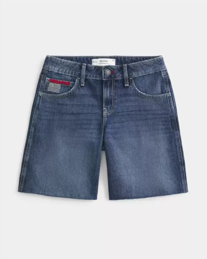 Low-Rise Dark Wash American Flag Graphic Baggy Jort