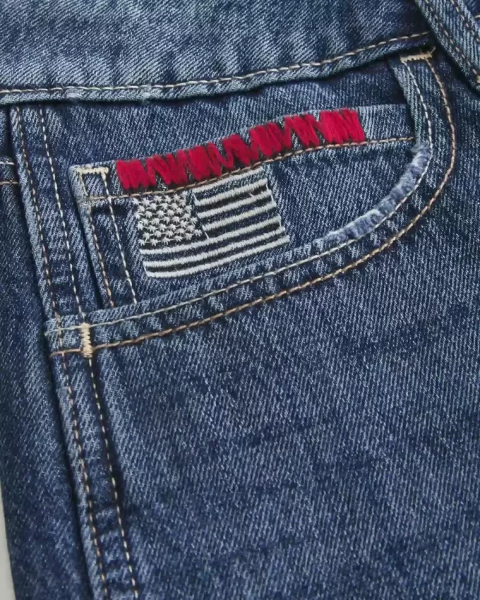 Low-Rise Dark Wash American Flag Graphic Baggy Jort