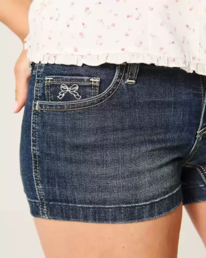 Low-Rise Dark Wash Embroidered Denim Shortie Shorts
