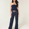 Low-Rise Dark Wash Foldover Waist Baggy Jeans