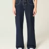 Low-Rise Dark Wash Foldover Waist Baggy Jeans
